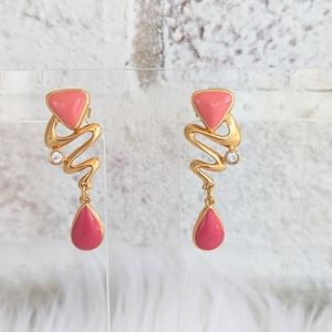 Vtg Avon Goldtone Swirl Lightning  Pink Orange Rhinestone Drop Dangle Earrings